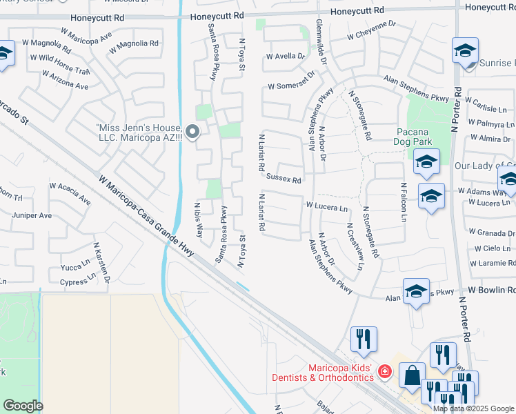 map of restaurants, bars, coffee shops, grocery stores, and more near 18530 North Lariat Road in Maricopa