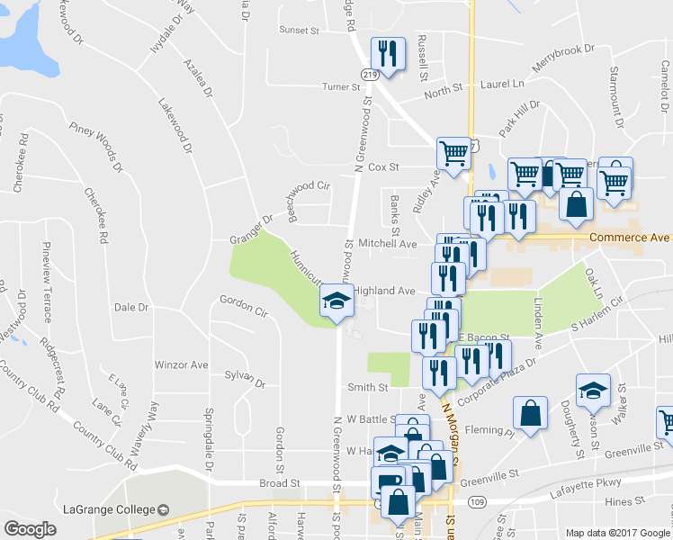 map of restaurants, bars, coffee shops, grocery stores, and more near 607 North Greenwood Street in LaGrange