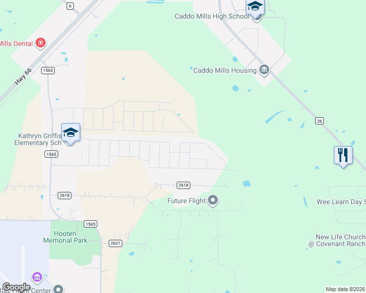 map of restaurants, bars, coffee shops, grocery stores, and more near Seabiscuit Road in Caddo Mills