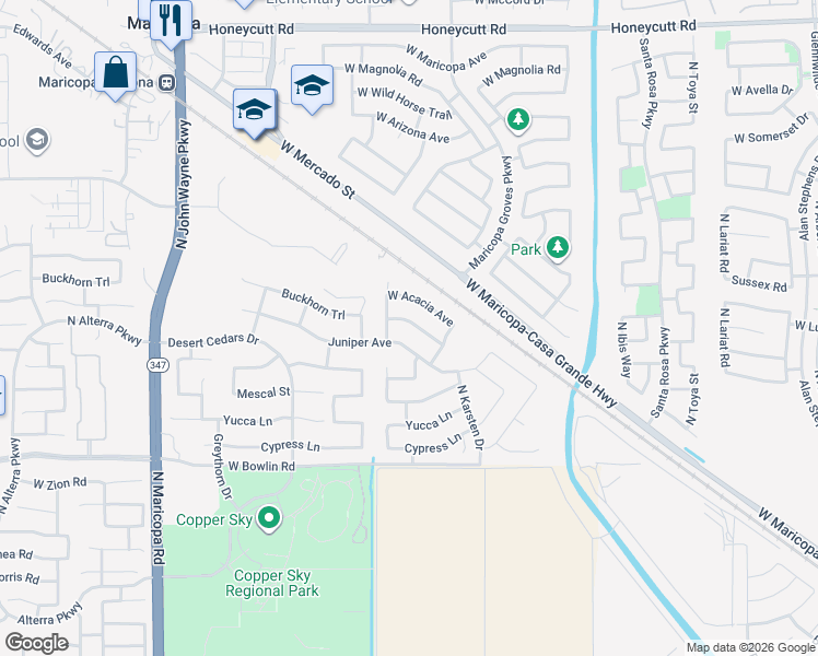 map of restaurants, bars, coffee shops, grocery stores, and more near 43759 Buckhorn Trail in Maricopa