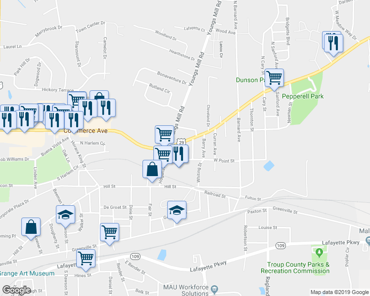 map of restaurants, bars, coffee shops, grocery stores, and more near 9 New Street in LaGrange