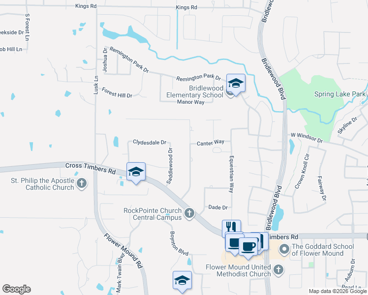 map of restaurants, bars, coffee shops, grocery stores, and more near 4516 Saddlewood Drive in Flower Mound