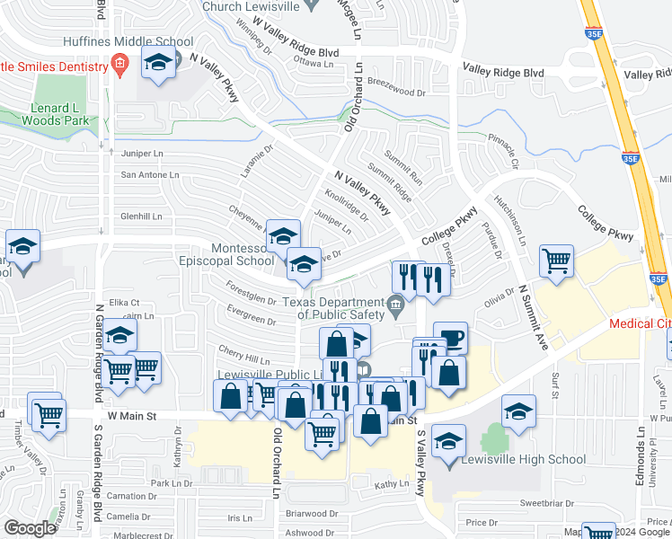 map of restaurants, bars, coffee shops, grocery stores, and more near 1201 College Parkway in Lewisville