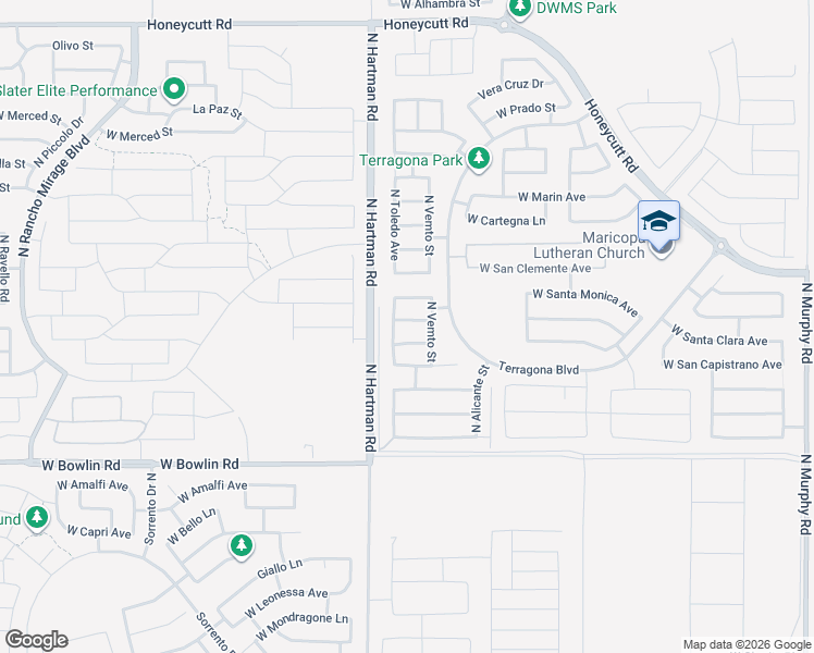 map of restaurants, bars, coffee shops, grocery stores, and more near 36553 West Santa Barbara Avenue in Maricopa