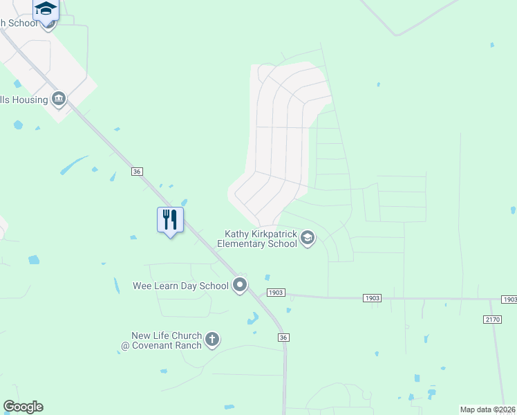 map of restaurants, bars, coffee shops, grocery stores, and more near 105 Longhorn Pass in Caddo Mills