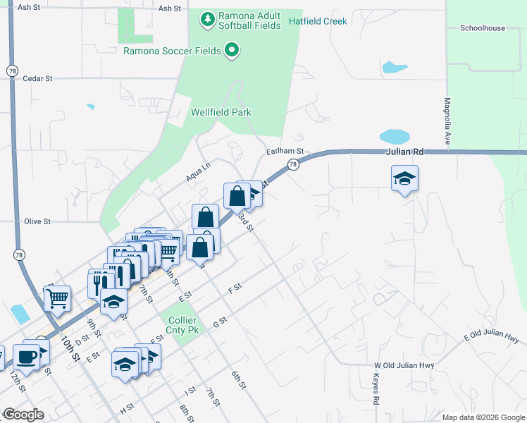 map of restaurants, bars, coffee shops, grocery stores, and more near 203 D Street in Ramona