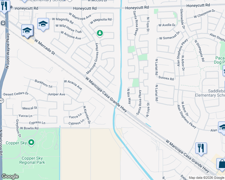 map of restaurants, bars, coffee shops, grocery stores, and more near 43224 West Cowpath Road in Maricopa