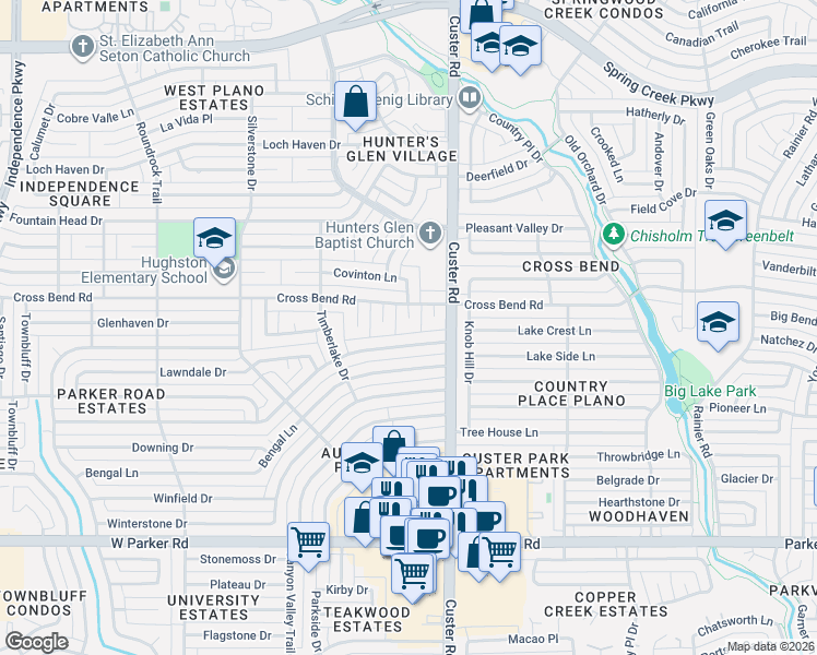 map of restaurants, bars, coffee shops, grocery stores, and more near 3800 Covinton Lane in Plano