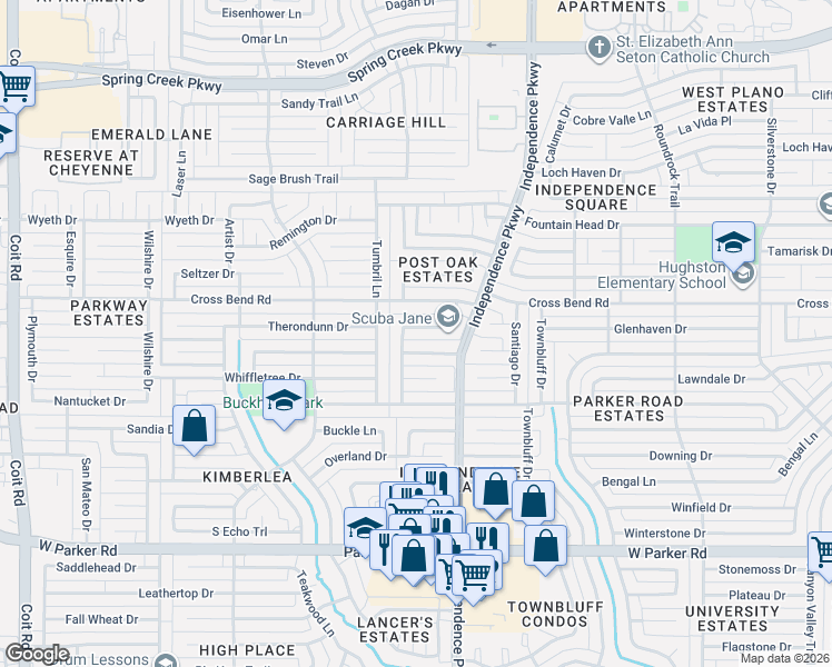 map of restaurants, bars, coffee shops, grocery stores, and more near 3224 Cassidy Drive in Plano