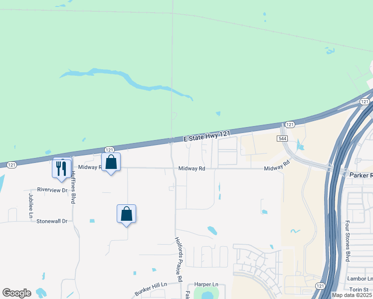 map of restaurants, bars, coffee shops, grocery stores, and more near 101 Holfords Prairie Road in Lewisville