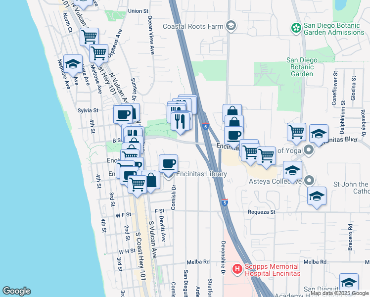 map of restaurants, bars, coffee shops, grocery stores, and more near 135 Encinitas Boulevard in Encinitas
