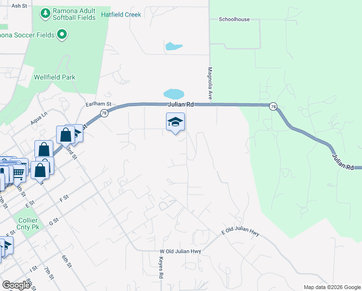 map of restaurants, bars, coffee shops, grocery stores, and more near 355 Amigos Road in Ramona