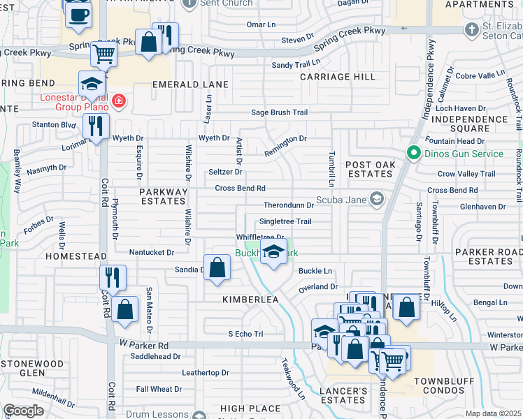 map of restaurants, bars, coffee shops, grocery stores, and more near 3500 Therondunn Drive in Plano