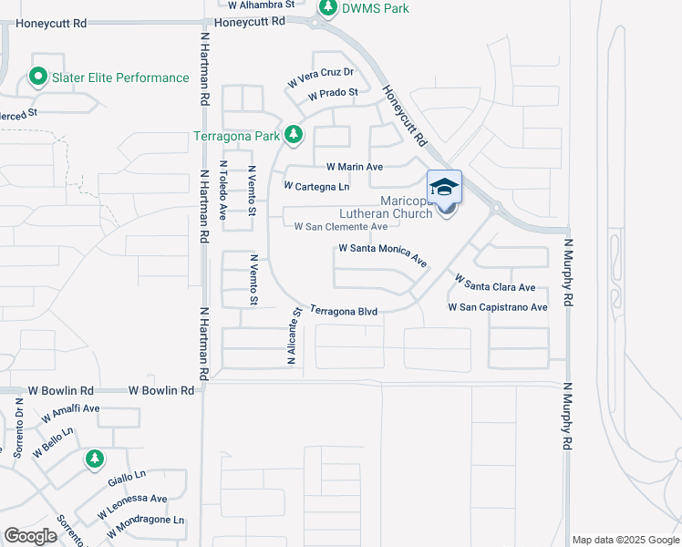 map of restaurants, bars, coffee shops, grocery stores, and more near 36113 West Santa Barbara Avenue in Maricopa