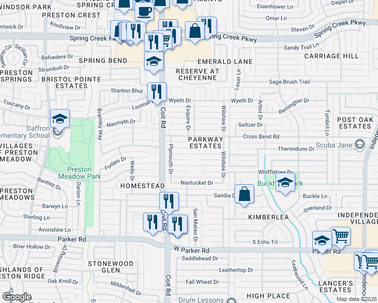 map of restaurants, bars, coffee shops, grocery stores, and more near 3904 Gettysburg Circle in Plano