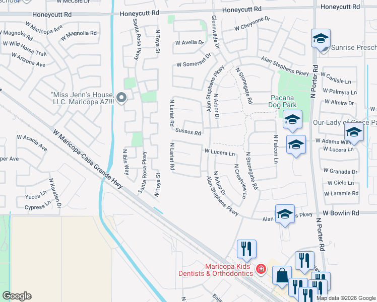 map of restaurants, bars, coffee shops, grocery stores, and more near 42502 West Lucera Court in Maricopa