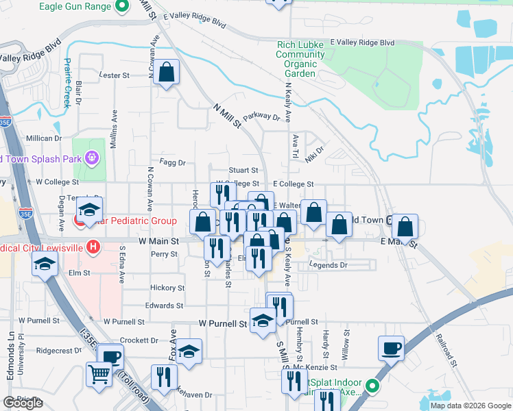 map of restaurants, bars, coffee shops, grocery stores, and more near 103 West Walters Street in Lewisville