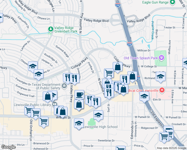map of restaurants, bars, coffee shops, grocery stores, and more near 1012 Stanford Lane in Lewisville