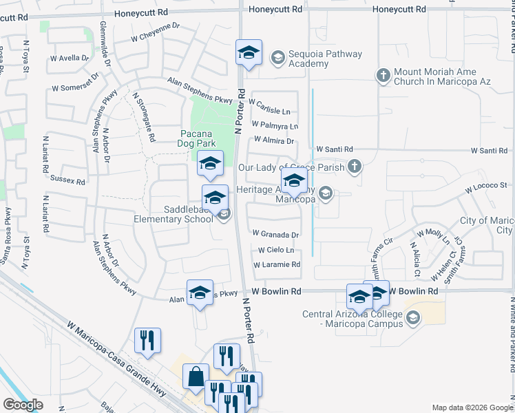 map of restaurants, bars, coffee shops, grocery stores, and more near 41399 West Lucera Lane in Maricopa