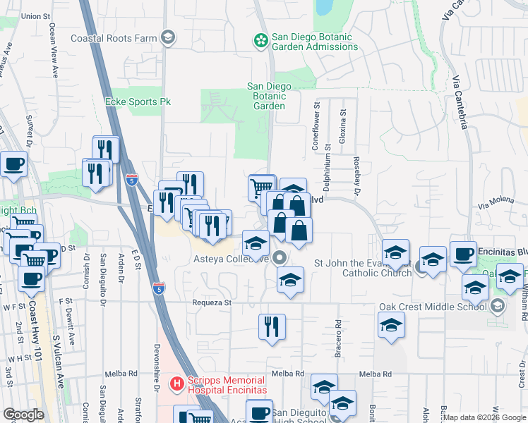 map of restaurants, bars, coffee shops, grocery stores, and more near 155 Quail Gardens Drive in Encinitas