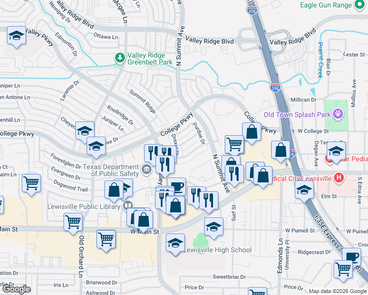 map of restaurants, bars, coffee shops, grocery stores, and more near 1028 Dartmouth Dr in Lewisville