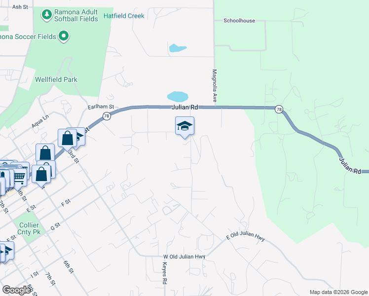 map of restaurants, bars, coffee shops, grocery stores, and more near 355 Amigos Road in Ramona
