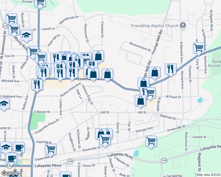 map of restaurants, bars, coffee shops, grocery stores, and more near 224 Commerce Avenue in LaGrange