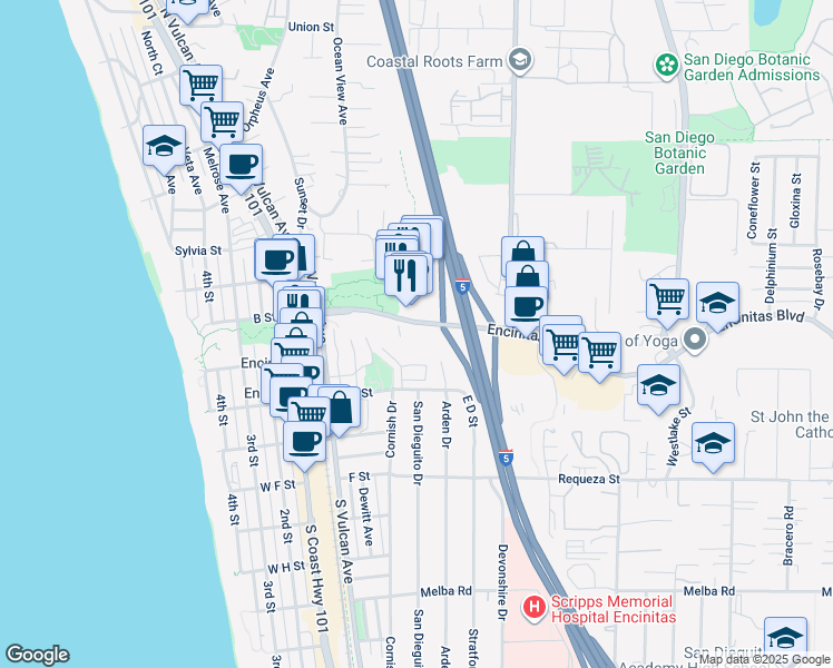 map of restaurants, bars, coffee shops, grocery stores, and more near 135 Encinitas Blvd in Encinitas