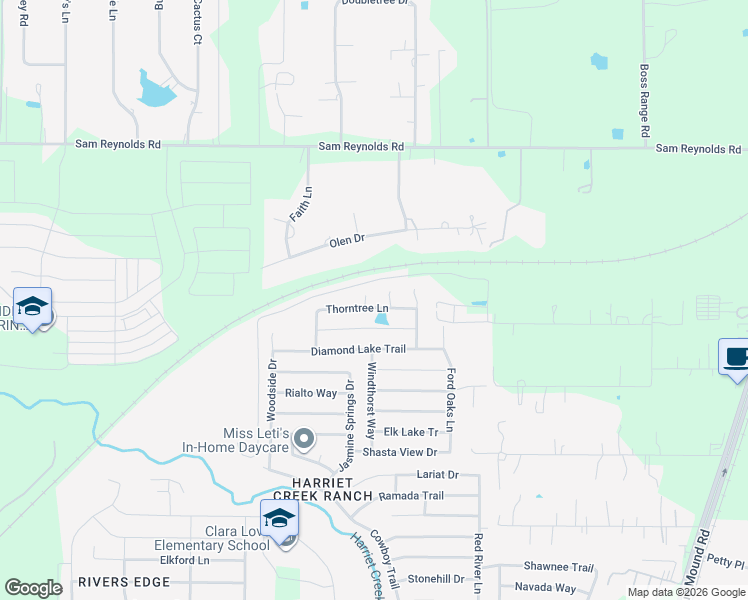 map of restaurants, bars, coffee shops, grocery stores, and more near 16904 Thorntree Lane in Justin