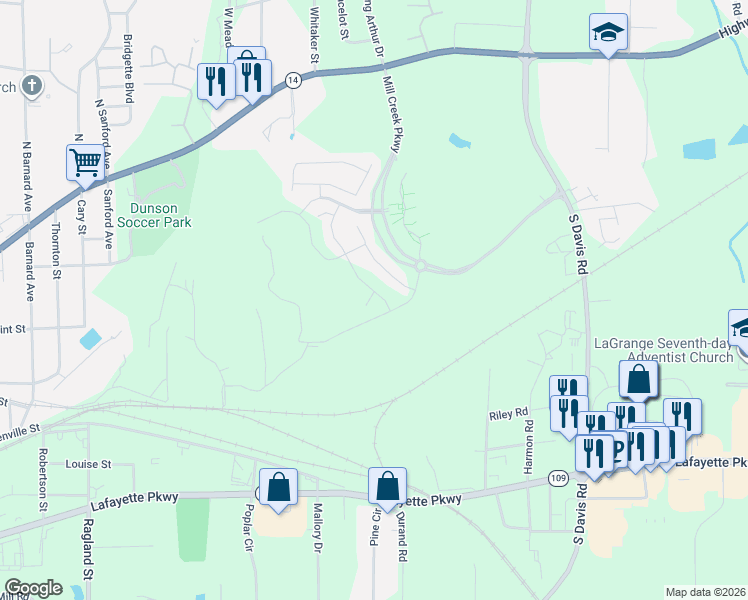 map of restaurants, bars, coffee shops, grocery stores, and more near 325 Glenhaven Drive in LaGrange