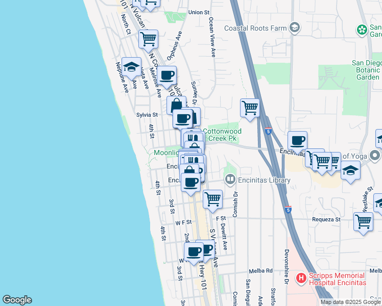 map of restaurants, bars, coffee shops, grocery stores, and more near 261 South Coast Highway 101 in Encinitas