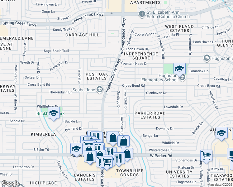 map of restaurants, bars, coffee shops, grocery stores, and more near 3016 Tahoe Place in Plano