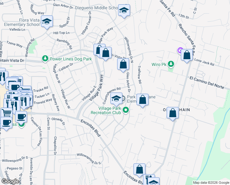 map of restaurants, bars, coffee shops, grocery stores, and more near 263 Countryhaven Road in Encinitas