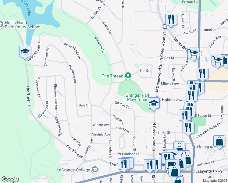 map of restaurants, bars, coffee shops, grocery stores, and more near 628 Lakewood Drive in LaGrange