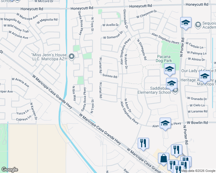 map of restaurants, bars, coffee shops, grocery stores, and more near 42530 West Lucera Court in Maricopa