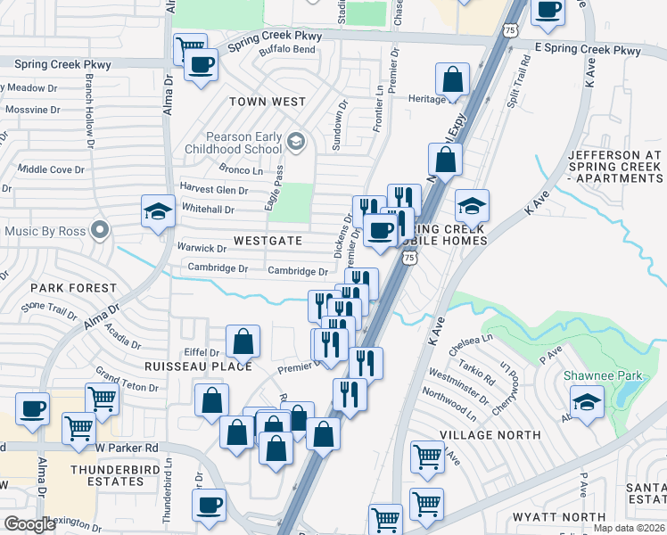 map of restaurants, bars, coffee shops, grocery stores, and more near 700 Cambridge Drive in Plano