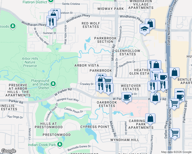 map of restaurants, bars, coffee shops, grocery stores, and more near 6428 Andora Drive in Plano