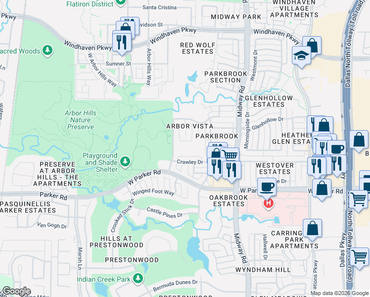 map of restaurants, bars, coffee shops, grocery stores, and more near 6621 Crawley Drive in Plano