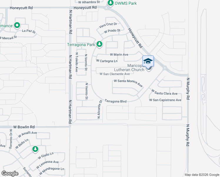 map of restaurants, bars, coffee shops, grocery stores, and more near 36113 West Santa Barbara Avenue in Maricopa