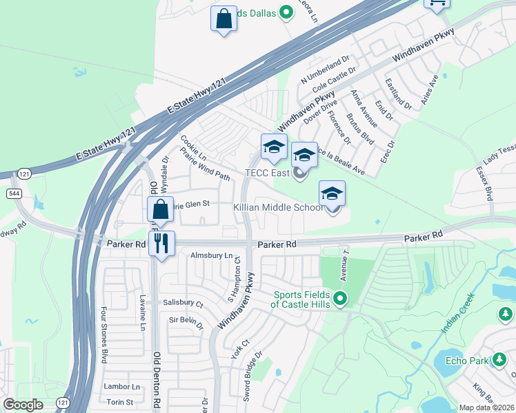 map of restaurants, bars, coffee shops, grocery stores, and more near Windhaven Parkway in Lewisville