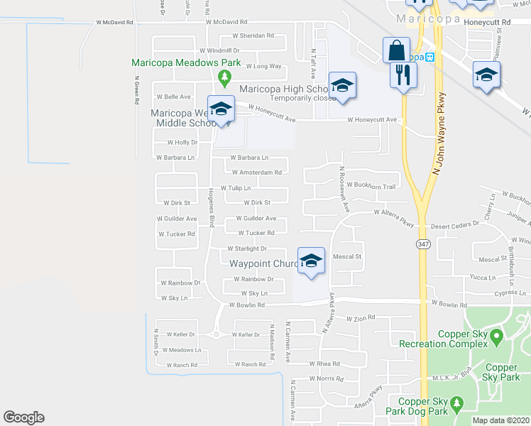 map of restaurants, bars, coffee shops, grocery stores, and more near 45570 West Guilder Avenue in Maricopa