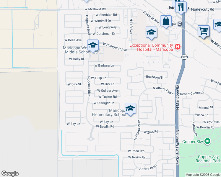 map of restaurants, bars, coffee shops, grocery stores, and more near 45583 Guilder Avenue in Maricopa
