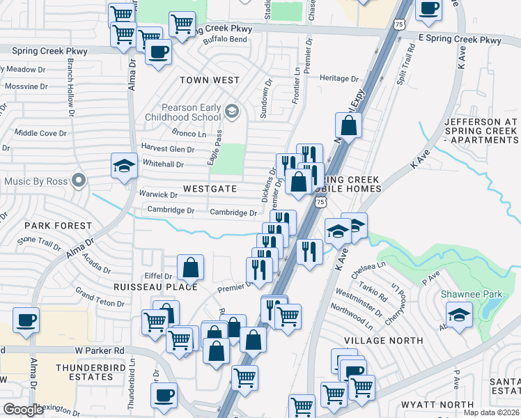 map of restaurants, bars, coffee shops, grocery stores, and more near 700 Cambridge Drive in Plano