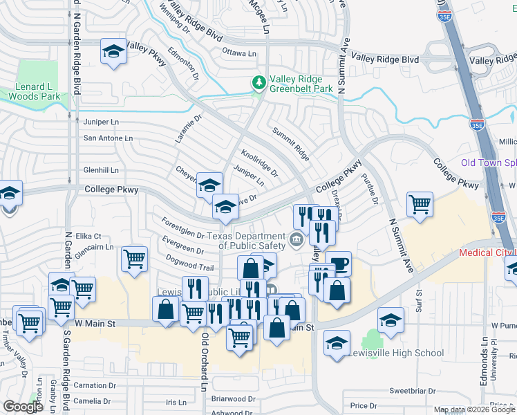 map of restaurants, bars, coffee shops, grocery stores, and more near 1201 College Parkway in Lewisville