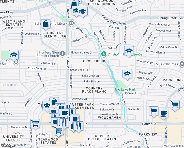 map of restaurants, bars, coffee shops, grocery stores, and more near 1801 Lake Crest Lane in Plano
