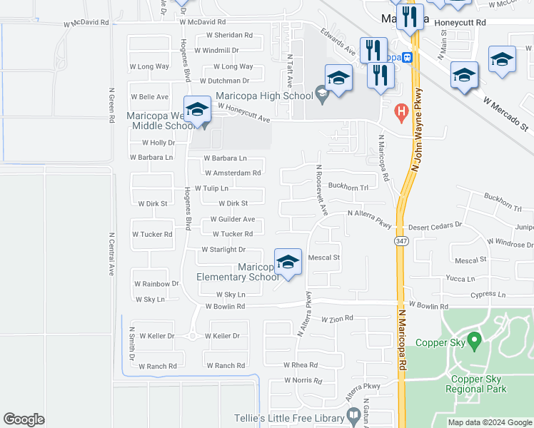 map of restaurants, bars, coffee shops, grocery stores, and more near 45438 West Guilder Avenue in Maricopa