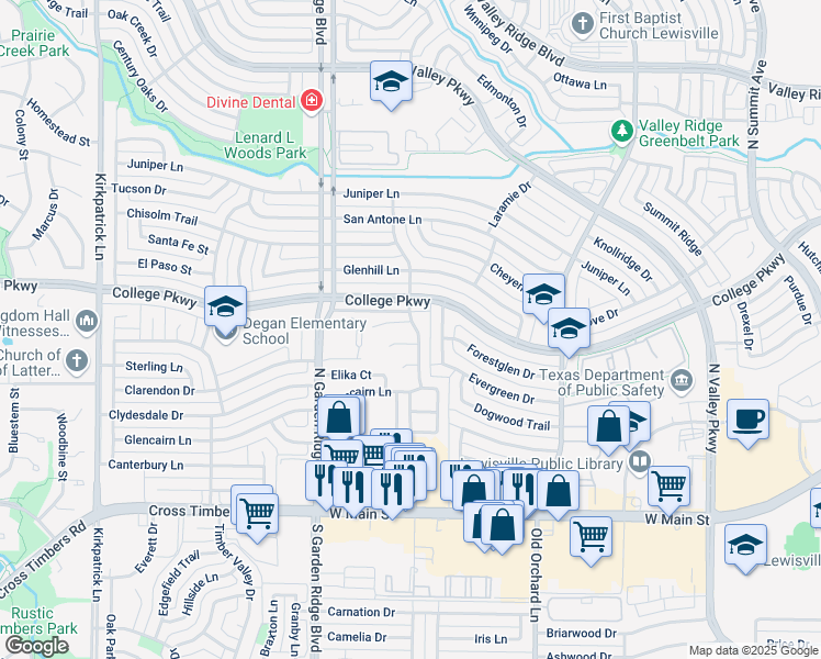 map of restaurants, bars, coffee shops, grocery stores, and more near 541 Cimmaron Strip in Lewisville