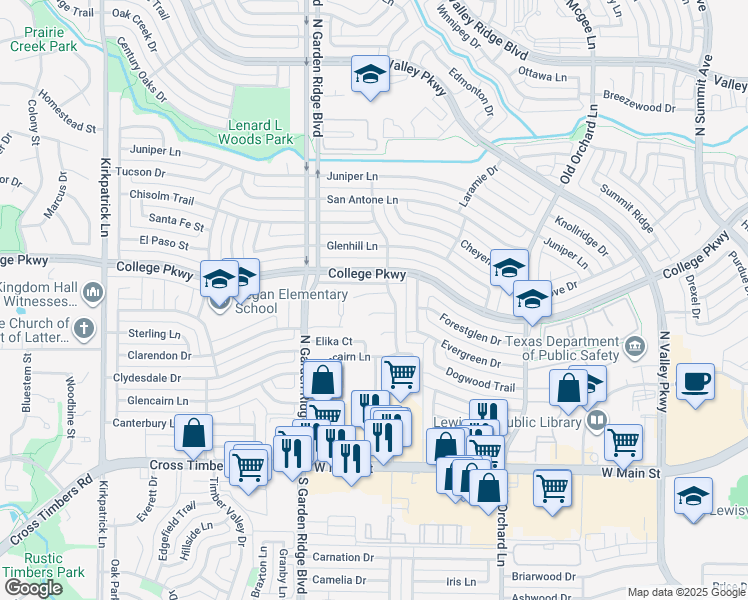 map of restaurants, bars, coffee shops, grocery stores, and more near 1512 Caymus Court in Lewisville