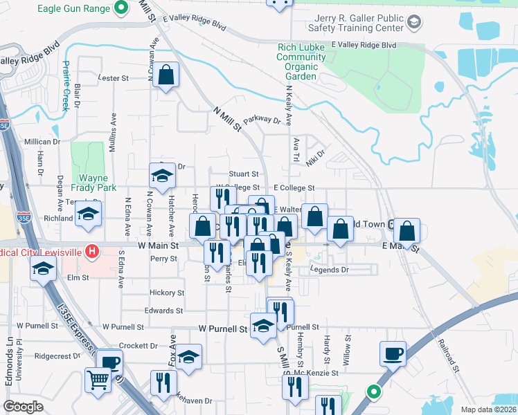 map of restaurants, bars, coffee shops, grocery stores, and more near 103 West Walters Street in Lewisville