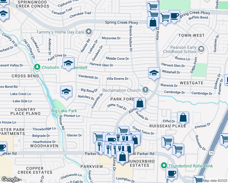 map of restaurants, bars, coffee shops, grocery stores, and more near 1024 Shenandoah Drive in Plano